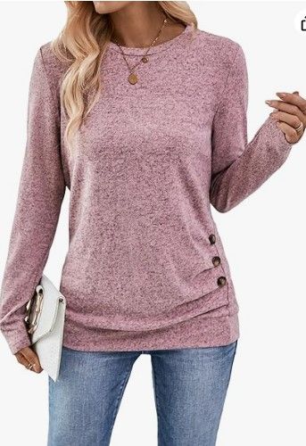 Photo 1 of COZYEASE Women's Long Sleeve Button Ruched Side T Shirt Casual Crewneck Fitted Fall Tee Tops (L)