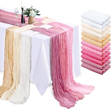 Photo 1 of 12 Pcs Cheesecloth Table Runner Boho Gauze Cheese Cloth 10 Ft Wedding Table Decor Semi Sheer Gauze Fabric Long Centerpieces for Tables Arch Draping Bridal Shower Holiday Party (Pink Tone)