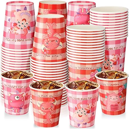 Photo 1 of 200 Pack Valentine's Day Disposable Cups Pink Drinking Cups for Kids 9 oz Valentines Paper Cups Bulk Valentine's Day Party Supplies for Coffee Tea Beverage with Monster Pink Red Buffalo Designs