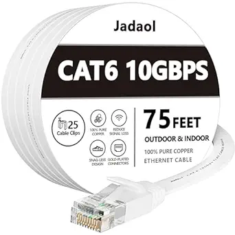 Photo 1 of Cat 6 Ethernet Cable 75 ft, Outdoor&Indoor, 10Gbps Support Cat8 Cat7 Network, long Flat Internet LAN Patch Cord, Cat6 Solid High Speed weatherproof Cable for Router, Modem, PS4/5, Xbox, Gaming, White
