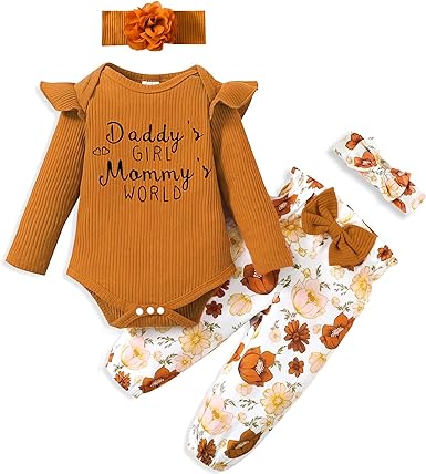 Photo 1 of AMAWMW Newborn Baby Girl Clothes Infant Baby Ruffle Romper Pants Summer Outfits 4PCS Gifts Set Toddler Girls' Clothing