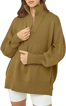 Photo 1 of ANRABESS Women's Oversized Sweater 2023 Fashion Long Sleeve Quarter Zipper Collar Drop Shoulder Slouchy Pullover Tops
