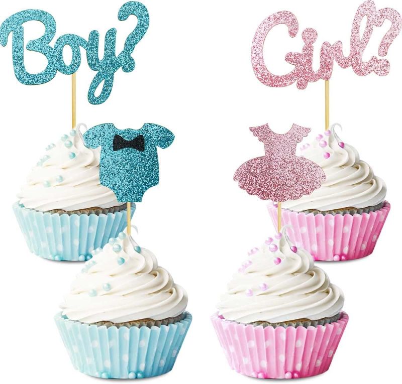 Photo 1 of 16 Pack Boy or Girl Theme Cupcake Toppers for Gender Reveal Baby Shower Birthday Party Supplies Glitter Kids Blue Onesie Jumpsuit Cake Decorations Pink...
