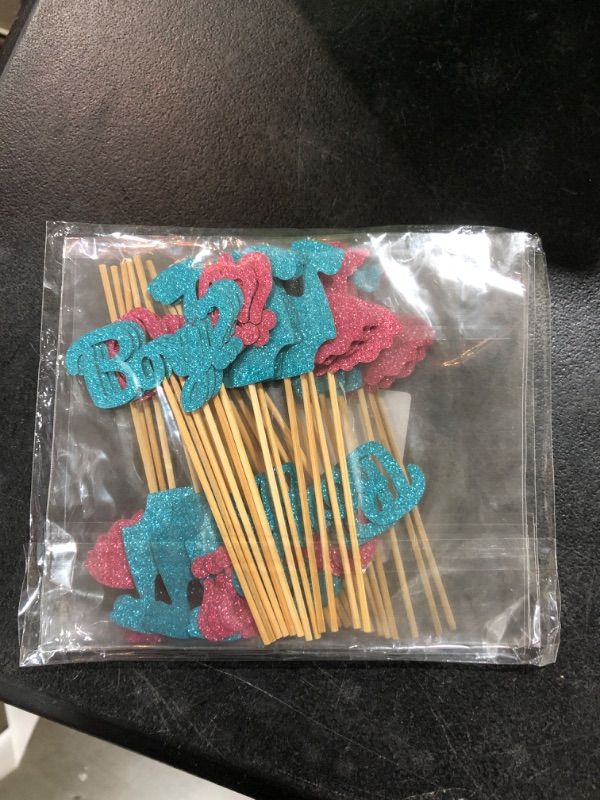 Photo 1 of 16 Pack Boy or Girl Theme Cupcake Toppers for Gender Reveal Baby Shower Birthday Party Supplies Glitter Kids Blue Onesie Jumpsuit Cake Decorations Pink...
