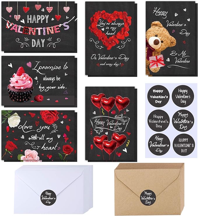 Photo 1 of 120 Sets Valentine's Day Cards with Envelopes Stickers Assortment Bulk 6 Designs of Blank Vintage Heart Bear Rose Chalkboard Valentines Cards Greeting Cards 4 x 6 for Her Him Valentine's Day