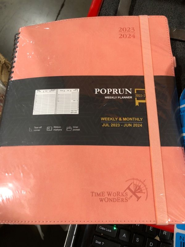 Photo 2 of POPRUN Planner 2023-2024 (8.5'' x 10.5'') Academic Year Calendar (July 2023 - June 2024) with Hourly Time Slots, Weekly & Daily Appointment Book for time Management, Vegan Leather Cover - Pink Pink Large-8.5'' x 10.5''