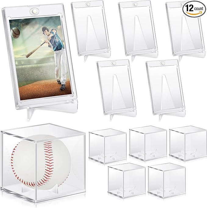 Photo 1 of 12 Pcs Baseball Card Display Set Include 6 Baseball Display Case and 6 Baseball Card Display Stand Baseball Holders for Balls Display Baseball Card Display Case for Display Card Memorabilia