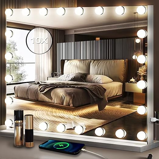 Photo 1 of 24 x 32 Inch Hollywood Makeup Vanity Mirror with Lights 24 Bulbs Dimming 3 Color Large Vanity Lighted Mirror for Bedroom Wall Mounted Stand Vanity Makeup Desk Table Mirror with X10 Magnifier
