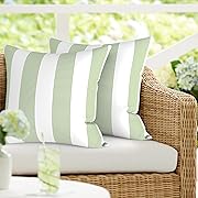 Photo 1 of  2 Outdoor Waterproof Pillow Covers ONLY, Square Decorative Double Printed Pillow Cases for Patio Couch Porch Chairs (18 x 18 in,Stripe Cabana Green)