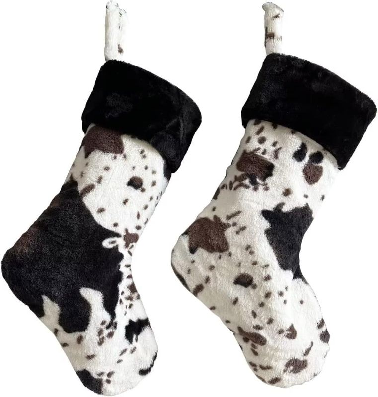 Photo 1 of 2 Pieces Cow Faux Fur Christmas Stockings Decorations, 20 Inches Large Christmas Stockings for Xmas Holiday, Christmas Tree, Fireplace
