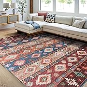 Photo 1 of  Area Rug, 8'×10' Non Slip Vintage Rug, Thin Machine Washable Rug, No Shedding Tribal Rug Carpet with Low Pile, Geometric Large Rug for Living Room, Bedroom, Dining Room, Red