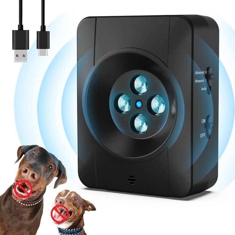 Photo 1 of Anti Barking Device for Dogs, 4 Powerful Emitters Auto Dog Barking Device, Stop Dog Barking Device, Rechargeable Dog Barking Deterrent Devices with 3 Adjustable Modes for Small Large Dogs, Black