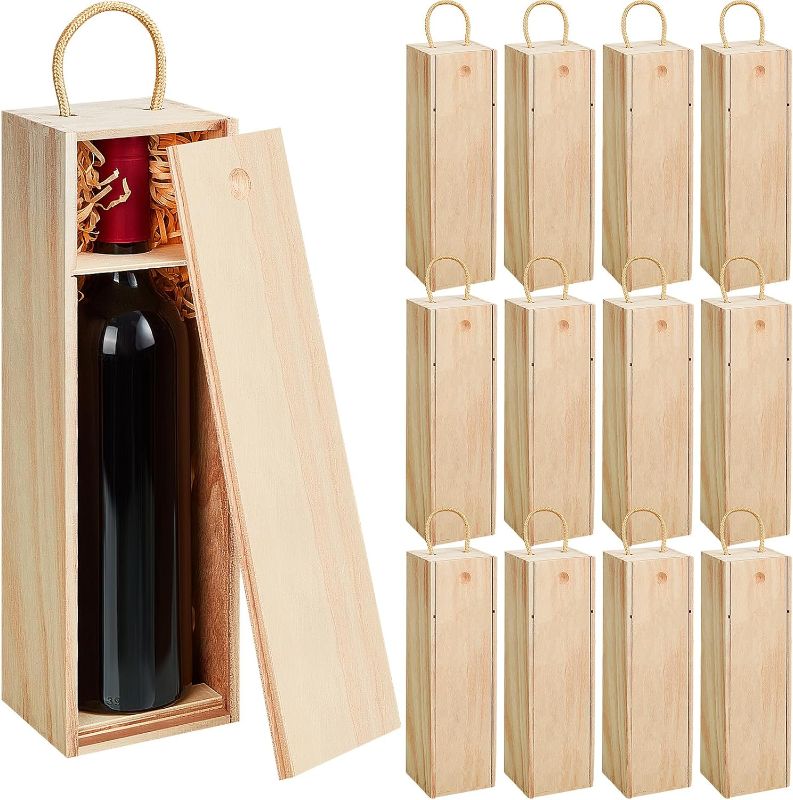 Photo 1 of 12 Pcs Wooden Wine Boxes Set Unfinished Wood Wine Box with Twine Handle & Raffia Single Bottle Wine for DIY Crafts Birthday Housewarming Wedding Mother Day Nurse Teacher Gift 13.8 x 3.9 x 3.9''