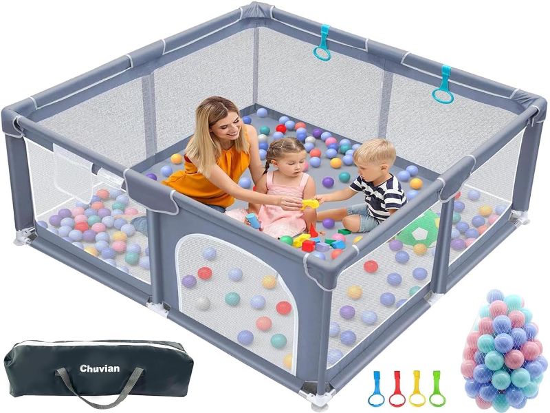 Photo 1 of Baby playpen for Babies and Toddlers, Large Area Play Pen for Kids to Play & Learn, Safe and Sturdy Play Yard with pens Pull up Rings/Marine Ball/Storage Bag (Grey)