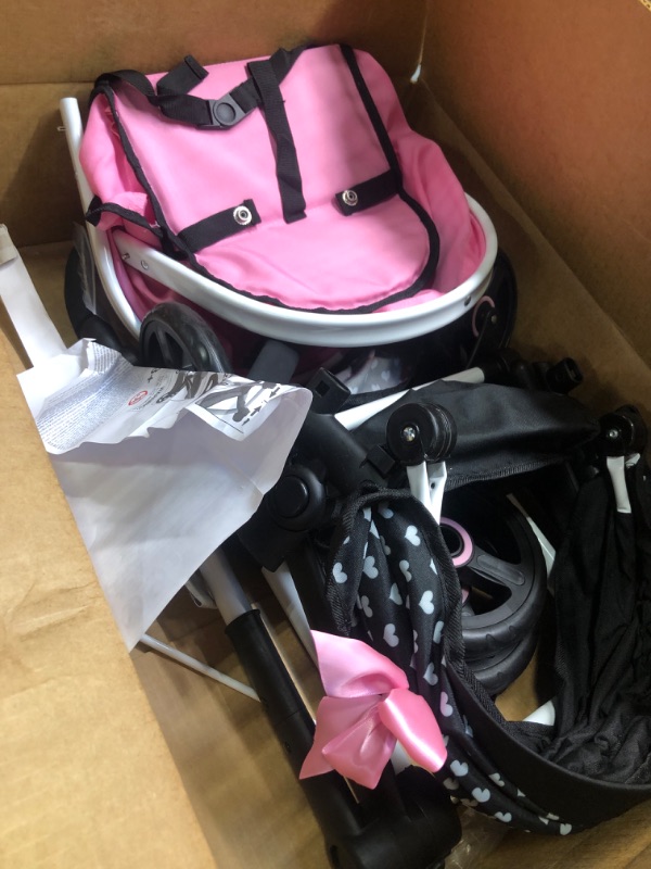 Photo 3 of Bayer Design Dolls: Pram Xeo: Hearts Black & Pink - Matching Handbag, Adjustable Handle, for Dolls Up to 20", Ages 3+