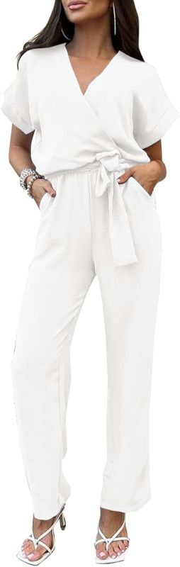 Photo 1 of PRETTYGARDEN Womens Short Sleeve Wrap V Neck Belted Wide Leg Jumpsuit
