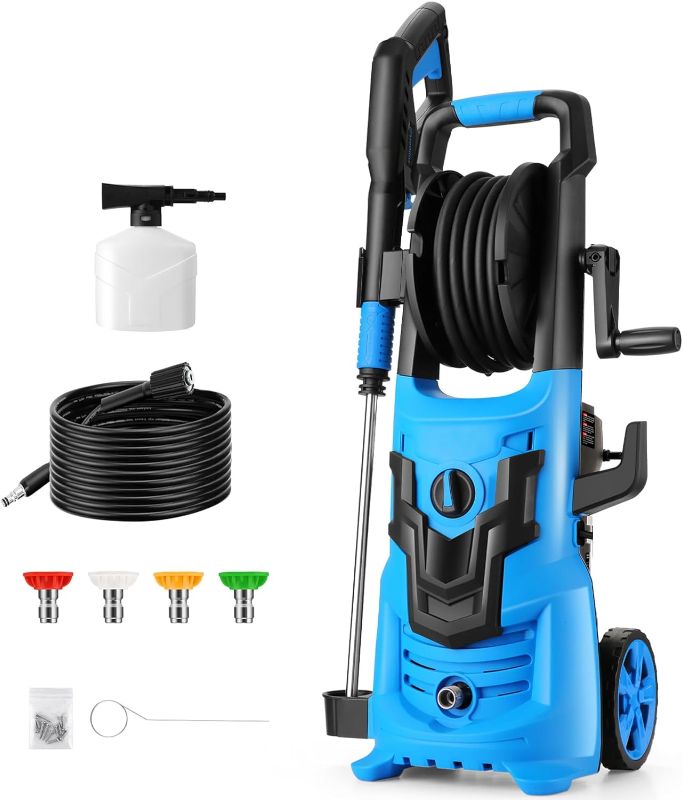 Photo 1 of 2024 Newest 4000 PSI Electric Pressure Washer, commowner 4.0 GPM Power Washer, 1/4” QC Steel Wand, 4-Nozzle Set, with 33FT Extension Pressure Washer Hose Reel, for Cars/Fences/Home/Patios, Blue
