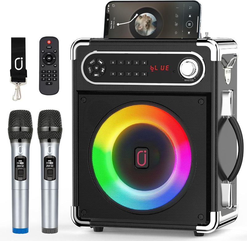 Photo 1 of JYX Karaoke Machine with Two Wireless Microphones, Portable Bluetooth Speaker with Bass/Treble Adjustment, PA System with Remote Control, LED Lights,Supports TF Card/USB, AUX IN, FM, REC,TWS for Party
