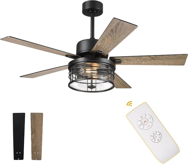 Photo 1 of AUTELO Ceiling Fans with Lights, 52 Inch Ceiling Fans with Lights and Remote Control, Farmhouse Ceiling Fan 5 Reversible Blades and seeded Glass, Black and Wooden Finish for Living Room, F9356 SDNR
