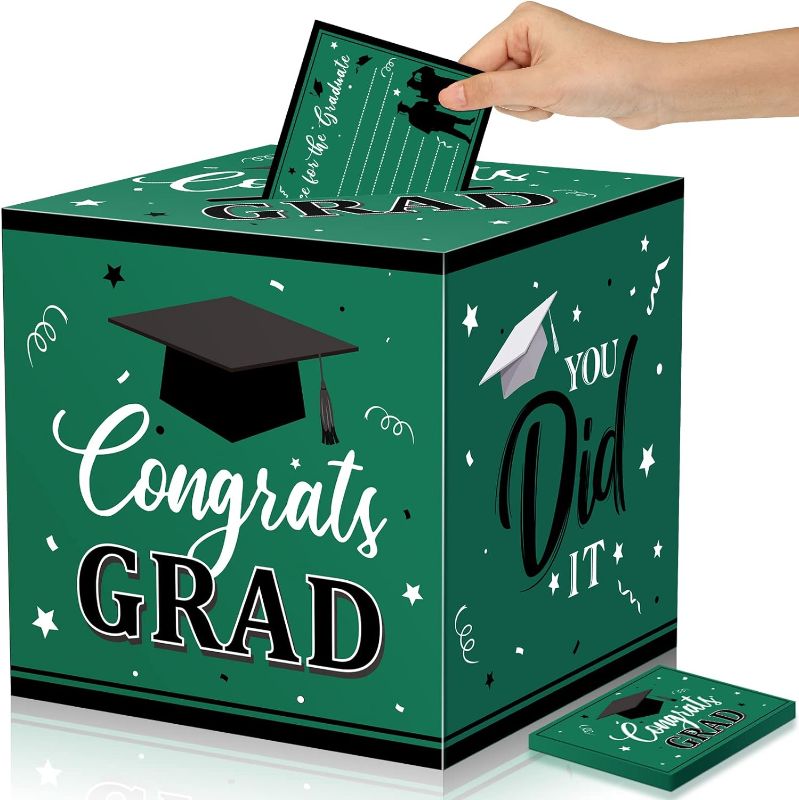 Photo 1 of Funrous Large 2024 Graduation Card Box with 30 Pcs Advice Cards Gift Money Box Congrats Grad 3D Cap Top Card Holder Class of 2024 Card Box for College Graduation Party