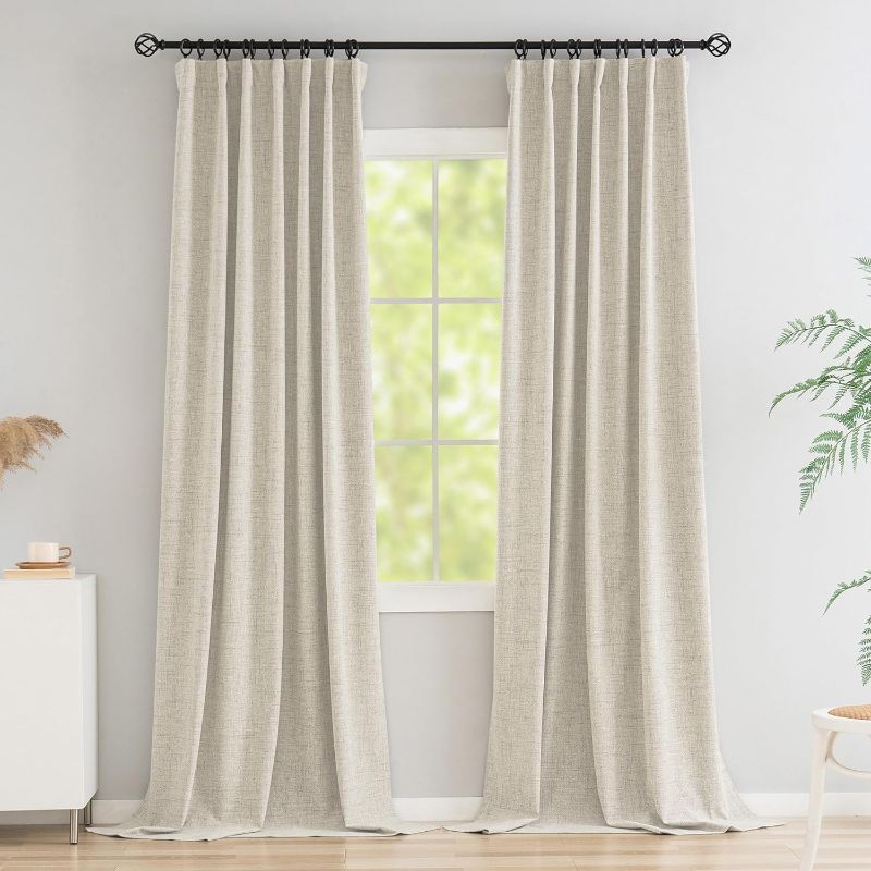 Photo 1 of 100% Blackout Curtains 108 Inches Length Long,Faux Linen Thermal Insulated Curtains Drapes for Bedroom/Living Room,Rod Pocket/Back Tab/Hook Belt/Ring Clips (2 Panels,W50 x L108,Light Beige)