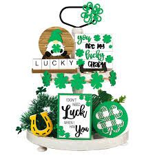 Photo 1 of 12 Pieces St. Patrick's Day Tiered Tray Decor Irish Decorations Farmhouse St. Patrick's Day Wooden Sign Items Shamrock Wooden Table Decor Rustic Mini Wood Sign Fall Decorations for Home (Shamrock)