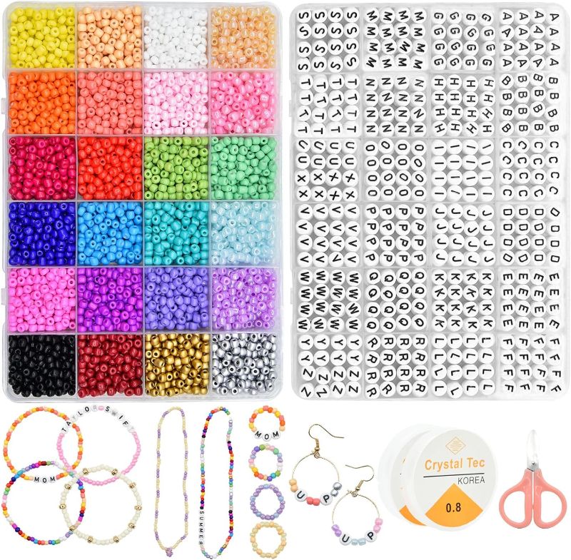 Photo 1 of JOJANEAS 6000pcs+ 4mm Seed Beads for Jewelry Making, 1200 Pcs Letter Beads Friendship Bracelet Kit, Glass Seed Beads Bracelets Making Kit with Elastic String - Crafts for Girls Birthday Gifts