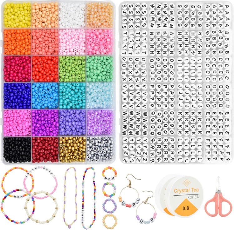 Photo 4 of JOJANEAS 6000pcs+ 4mm Seed Beads for Jewelry Making, 1200 Pcs Letter Beads Friendship Bracelet Kit, Glass Seed Beads Bracelets Making Kit with Elastic String - Crafts for Girls Birthday Gifts