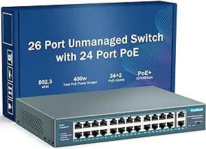 Photo 1 of Yuanley 24 Port PoE Switch with 2 Gigabit Ethernet Uplink Port, Unmanaged 26 Port 802.3af/at 400W Power PoE+ Network Switch, Rackmount Plug and Play 26 Port | 24*PoE+ (400w)