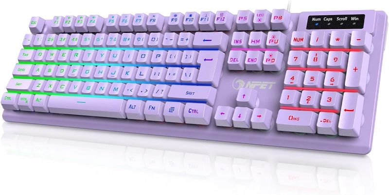 Photo 1 of NPET K10 Wired Gaming Keyboard, RGB Backlit, Spill-Resistant Design, Multimedia Keys, Quiet Silent USB Membrane Keyboard for Desktop, Computer, PC (Purple)