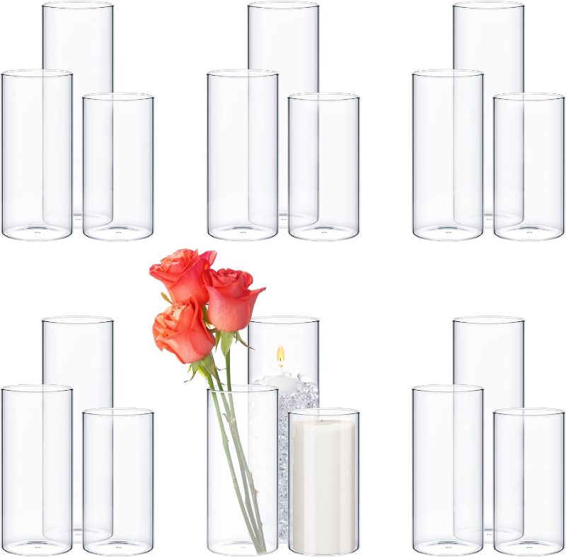 Photo 1 of 18 Pcs Glass Cylinder Vases Glass Flowers Vase Clear Table Centerpieces Decorative Floating Candles Holders for Wedding Party, Event, Home Office Decoration, Assorted Size (5,6,8 Inch)
