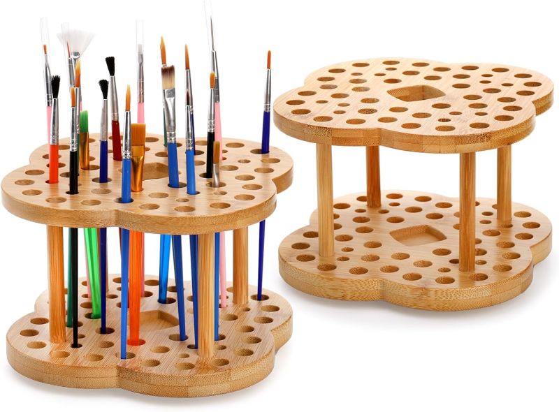 Photo 1 of Foraineam 2 Pack Rotating Paint Brush Holder 53 Holes Bamboo Display Drying Stand Artist Paint Brush Organizer Watercolor Brush Stand Rack Paint Brush Storage Art Supply Organizer
