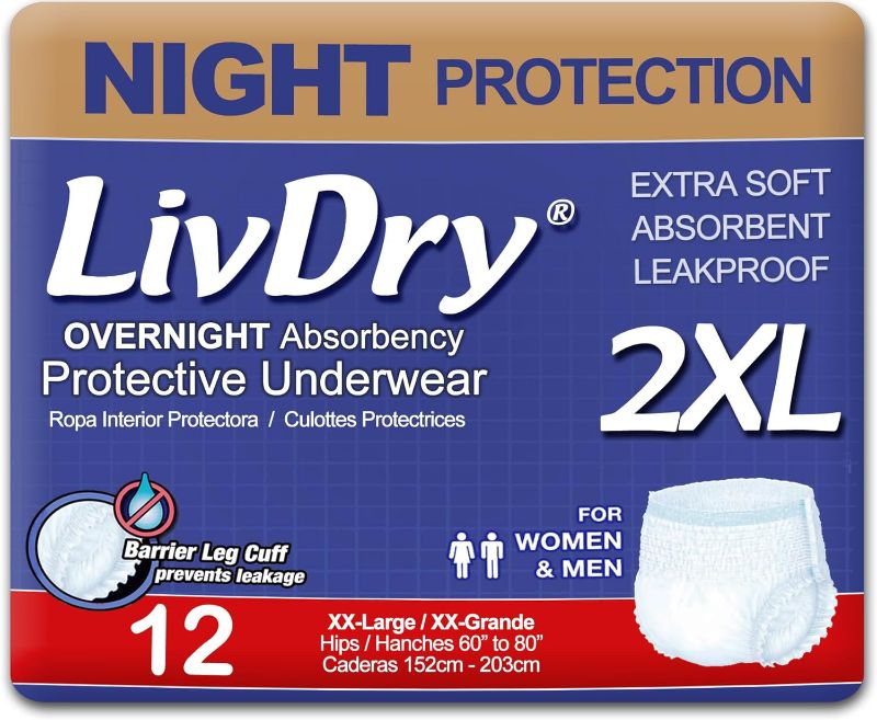 Photo 1 of ****ONLY ONE PACK*****LivDry Adult XXL Incontinence Underwear, Overnight Comfort Absorbency, Leak Protection, XX-Large, 12-Pack
