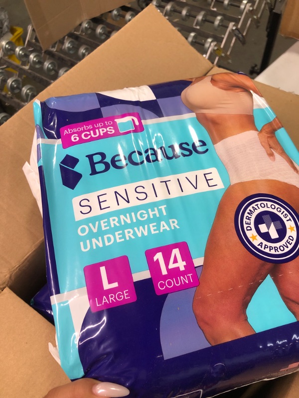 Photo 1 of Because Adult Incontinence Underwear for Sensitive Skin - Women - Premium Overnight Disposable Briefs, Anti Odor - White, Large - Absorbs 6 Cups - 56 Count (4 Packs of 14) Large (56 Count)