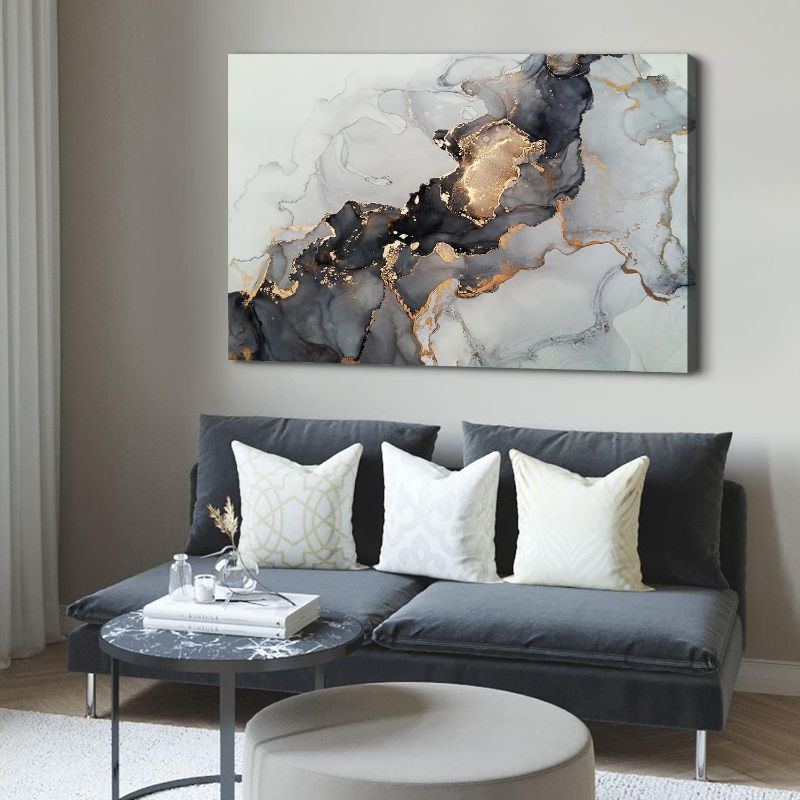 Photo 1 of Abstract Wall Art for Living Room Black and Gold Marble Fluid Canvas Prints Bedroom Decor