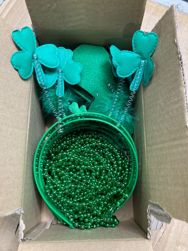 Photo 2 of 18 Pcs St. Patrick's Day Accessories Set Party Favors with 6 Shamrocks Beads Necklaces, 6 Green Hats Beaded Necklaces and 6 St. Patrick's Headbands Irish Beads Bulk Headpiece Party Supplies Decoration