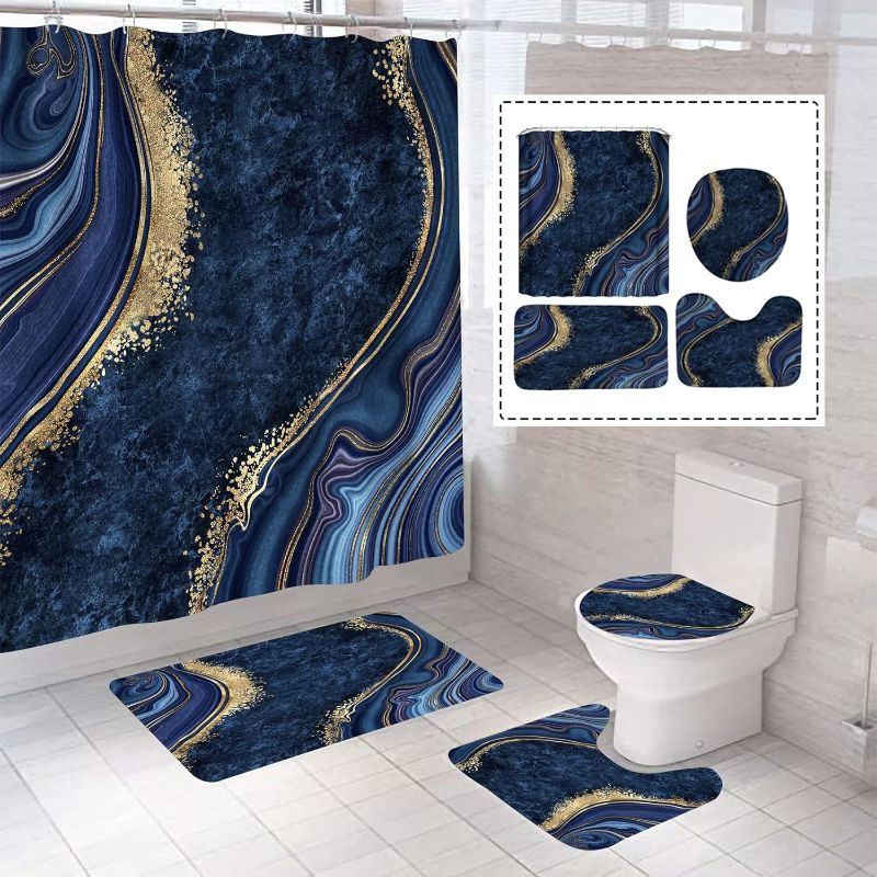 Photo 1 of 4Pcs Luxury Marble Shower Curtain Sets, Bathroom Set with Shower Curtain,Toilet Lid Rug, Contour Mat and Bath Mat, Shower Curtain with 12 Hooks for Bathroom Sets Decor 72 x 72 Inch, Navy Blue