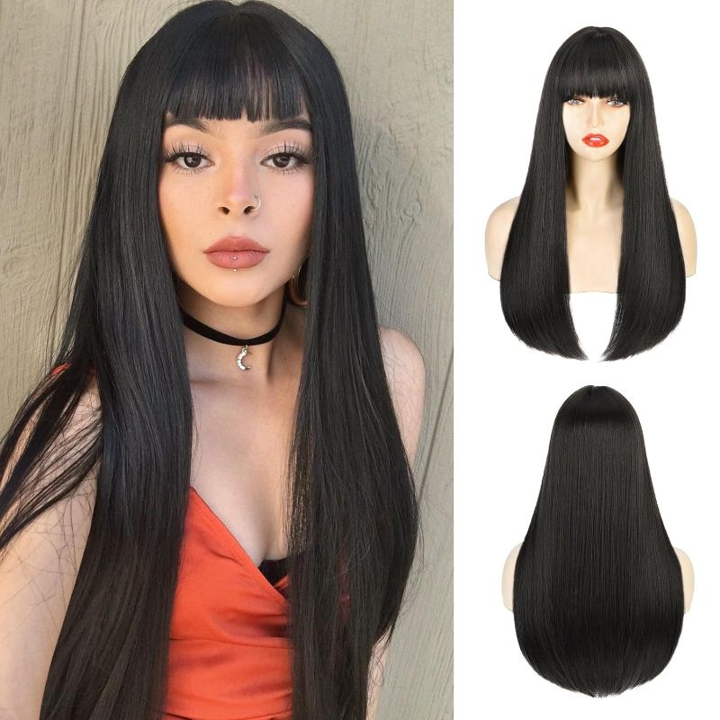 Photo 1 of ) ENTRANCED STYLES Black Bob Wig with Bangs, Short Black Wig for Women Straight Bob Wigs Heat Resistant Synthetic wig Mia Wallace Cleopatra Cospaly Daily Party Use 12