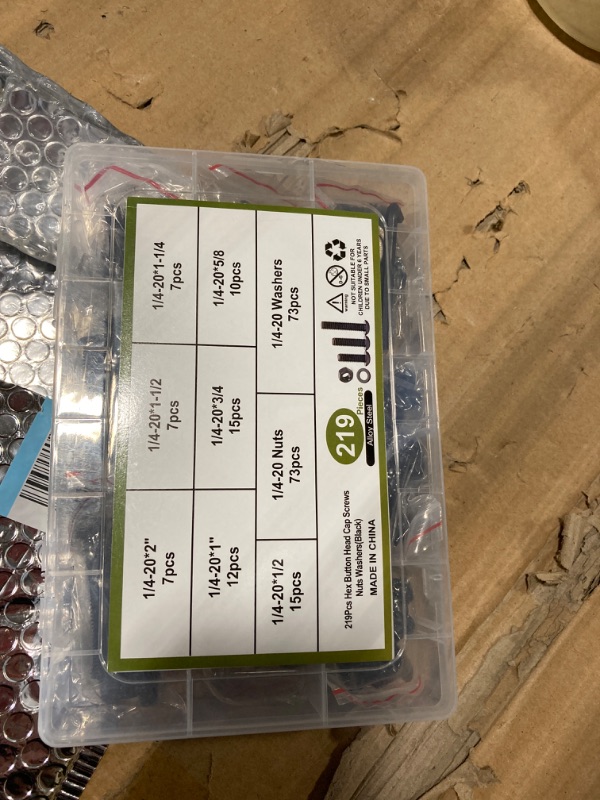 Photo 1 of 1/4 20 Bolt and Nuts, 7 Sizes are 2", 1-1/2", 1-1/4", 1", 3/4", 5/8", 1/2", Button Head Hex Socket Cap Screws, Black, Full Machine UNC Thread, with Washers for Screws, 219Pcs Totally