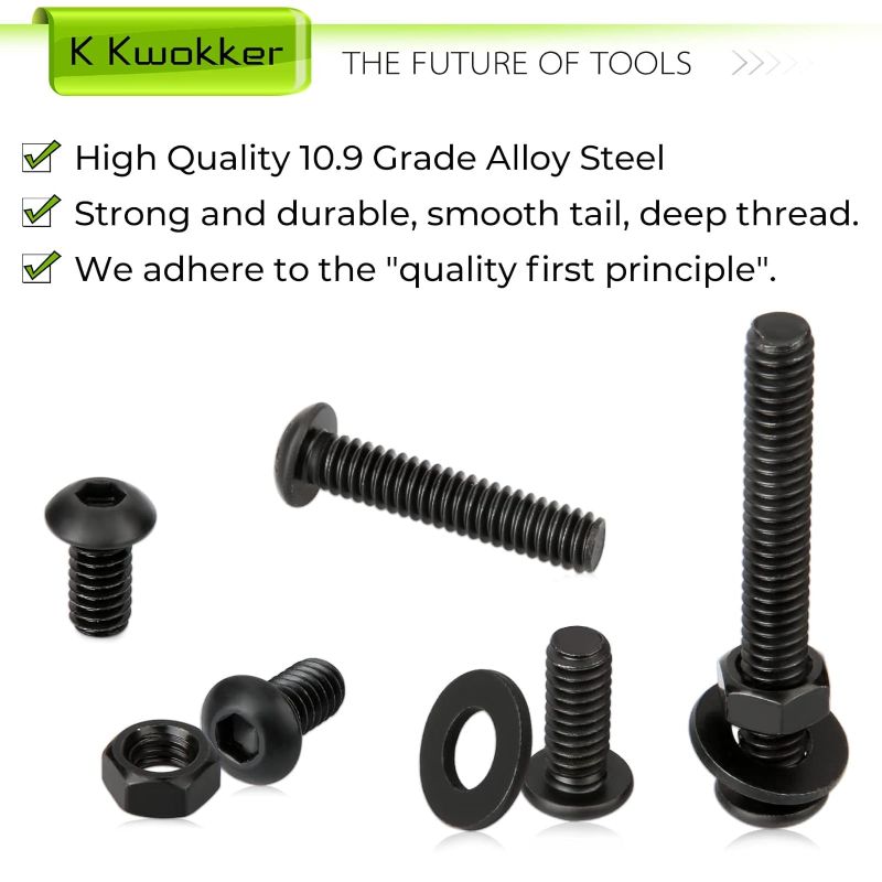 Photo 1 of 1/4 20 Bolt and Nuts, 7 Sizes are 2", 1-1/2", 1-1/4", 1", 3/4", 5/8", 1/2", Button Head Hex Socket Cap Screws, Black, Full Machine UNC Thread, with Washers for Screws, 219Pcs Totally