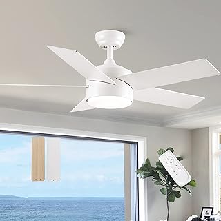 Photo 1 of 44 inch White Ceiling Fan with Lights and Remote Control, Dimmable Ceiling Fans with Lights,3-Color, Quiet Reversible Motor, Wood Modern Ceiling Fan for Bedroom, Living Room, Dining Room