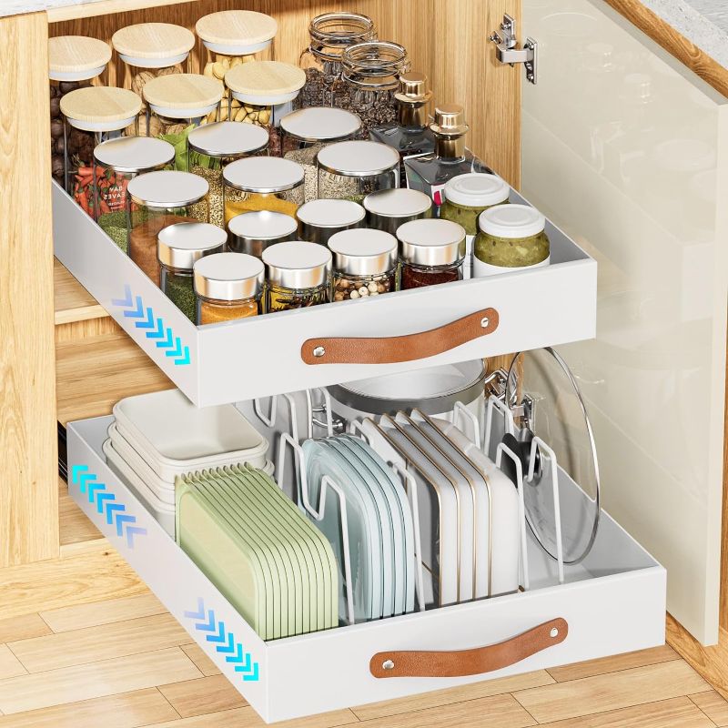 Photo 1 of OVICAR Expandable Cabinet Organizer Drawer - Pull Out Cabinet Drawers Adhesive Slide Out Storage Shelf with 4pcs Divider Racks for Kitchen Pantry Bathroom Home, 12.2"-20.7" W,White