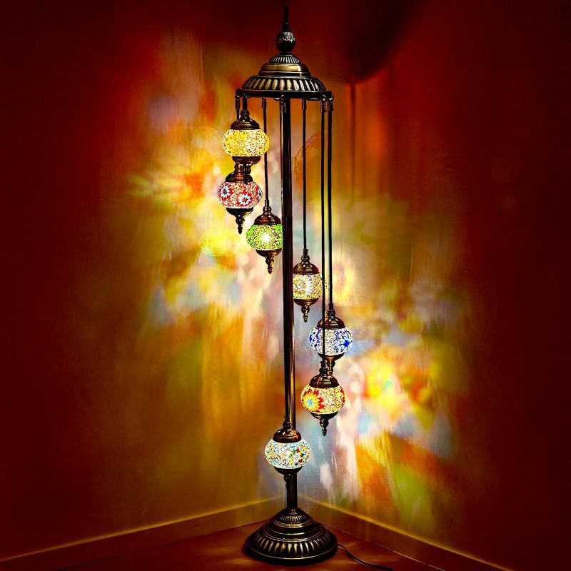 Photo 1 of Turkish Floor Lamp, Mosaic Moroccan Lamp 7 Globe Livingroom Floor Lighting Standing Decorative Home Mid Century Modern Designs Handmade Glass 5 inch Globe - Total Height 60 inch (colormix