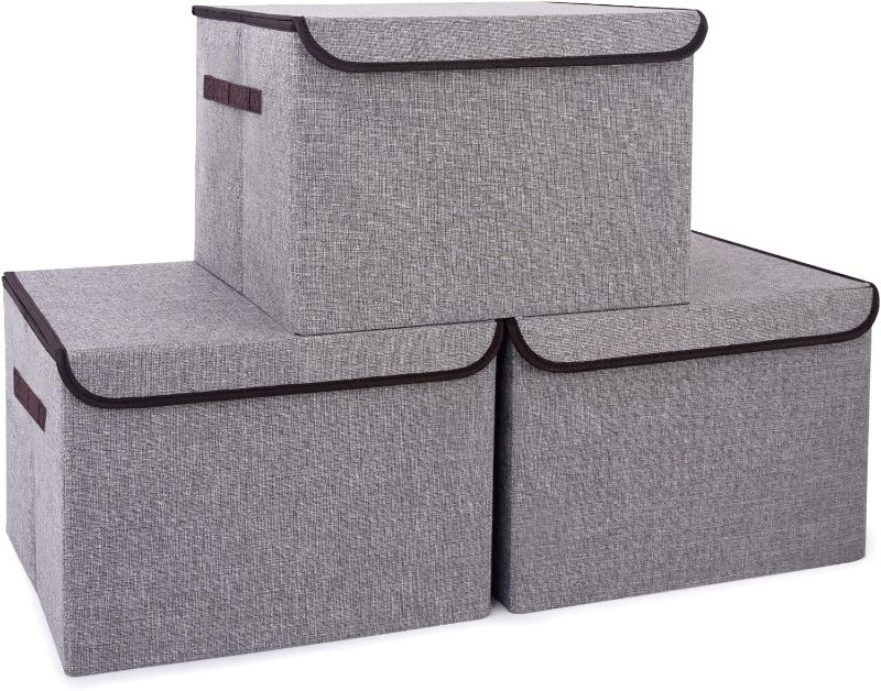 Photo 1 of Large 17" 42 Quarts Collapsible Stackable Storage Bins with Lids [3-Pack] Foldable Fabric Linen Storage Boxes Cube, Closet Organizer Baskets with Label for Home (16.7 x 12 x 12, Gray