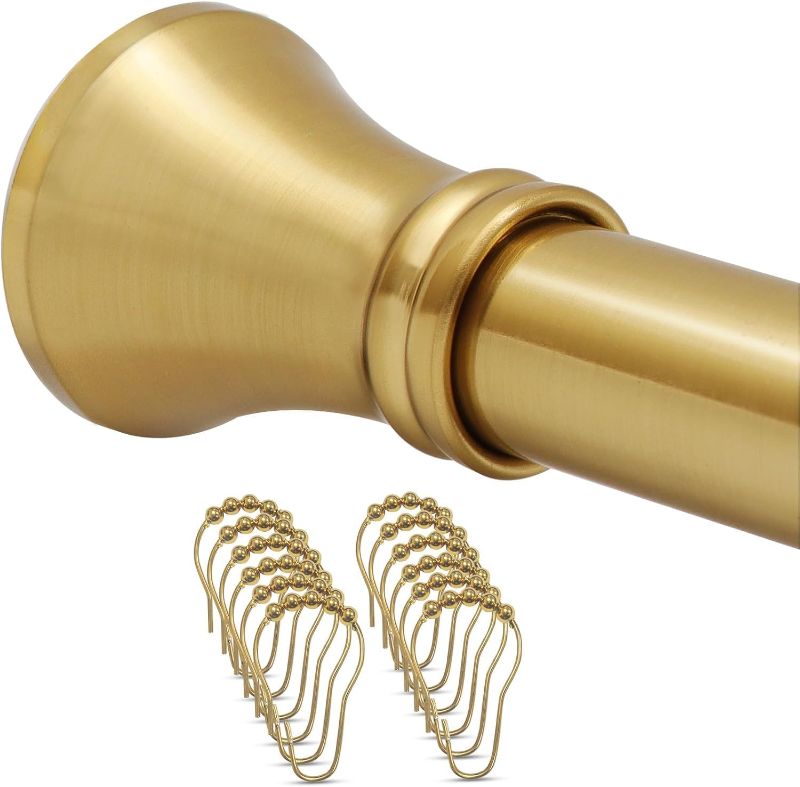 Photo 1 of Tension Rod, Never Rust, Non-Slip, No Drill Short Gold Shower Curtain Rod 36-52 Inches with 12 Shower Curtain Rings, Adjustable Shower Rod for Window & Door, Brushed Gold, Size:36-52"(3-4.3ft