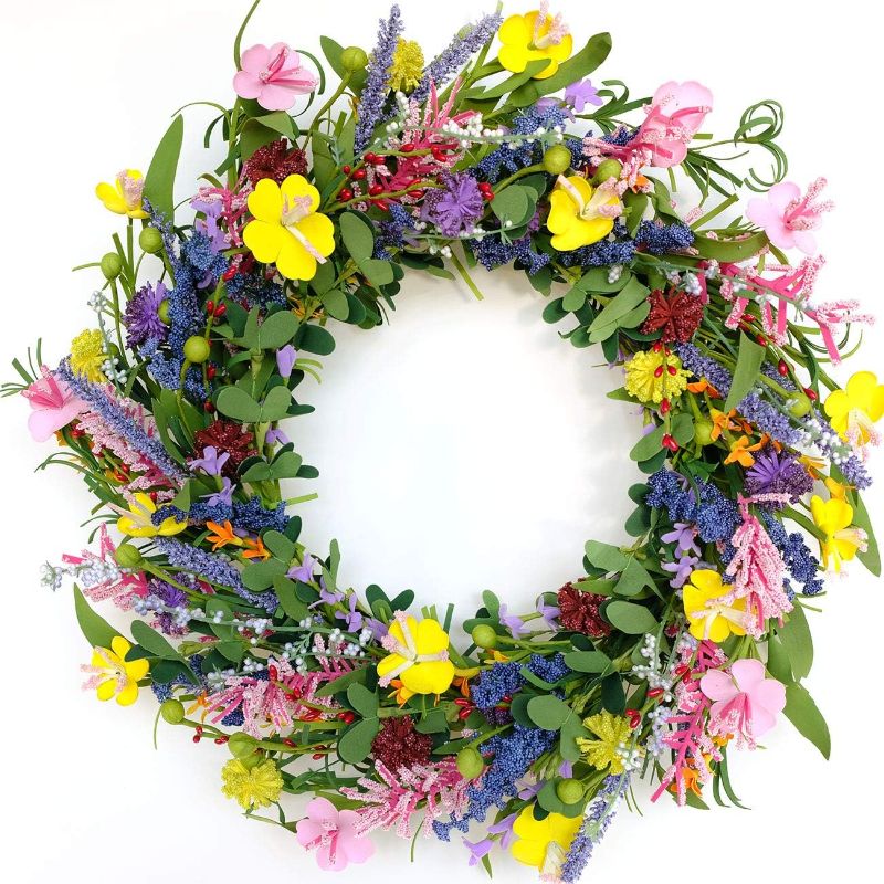 Photo 1 of Bibelot 20" Daisy and Lavender Wreath Colourful Artificial Flower with Berry Wreath Spring Summer Wreath for Front Door Wall Window Wedding Decor