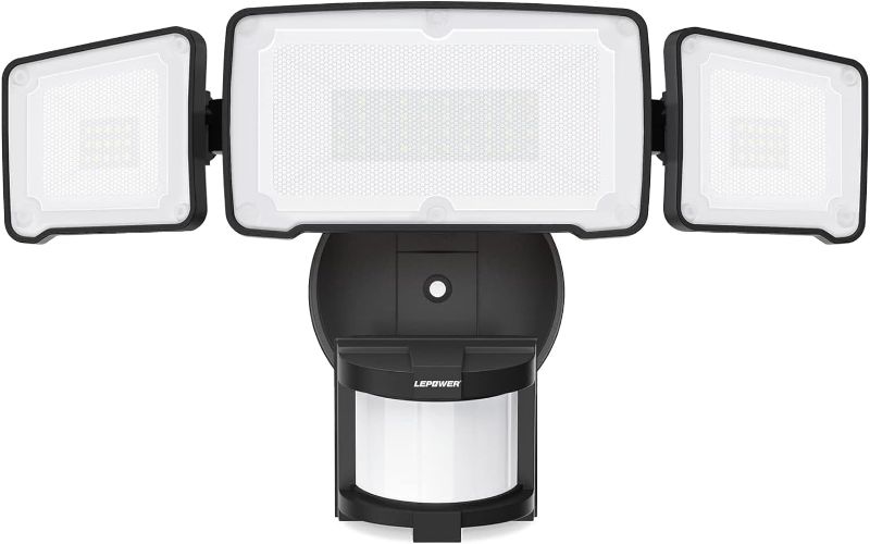 Photo 1 of 38W 4200LM LED Flood Lights With Motion Sensor - 6000K, IP65 Waterproof, 3 Heads for Yard, Garage, Porch - Black 38W Black