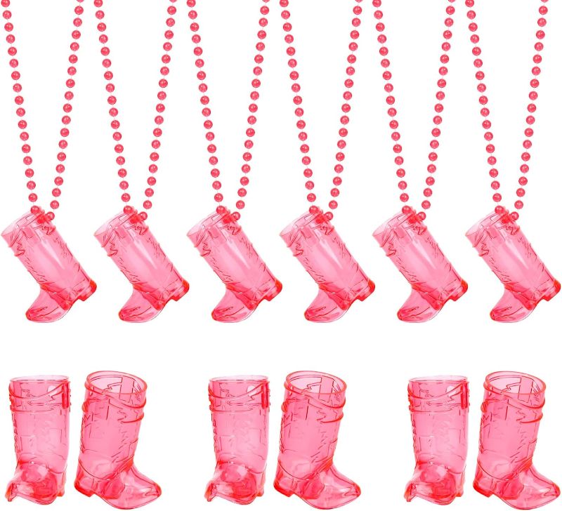 Photo 1 of 12 Pcs Cowgirl Boot Glasses on Beaded Necklace Plastic Glasses Cups with Bachelorette Glasses Necklaces for Bachelorette Birthday Wedding Party Team Groom and Bride Supplies (Transparent Rose)