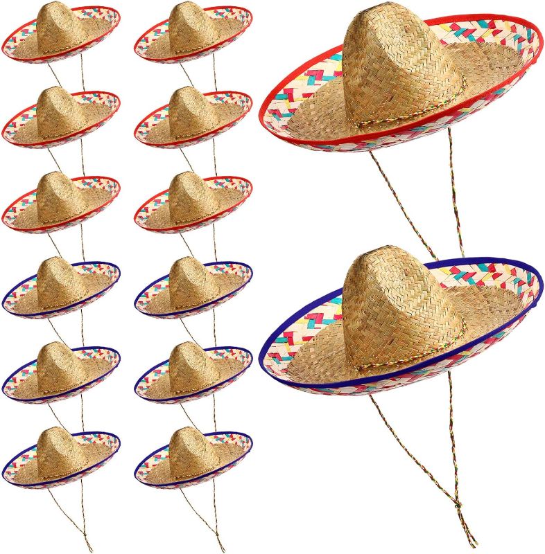 Photo 1 of 12 Pcs Sombrero Hats Adult Sombrero Party Hat for Men Women with Chinstrap Straw Hat Mexican Hat Mexican Costume Party
