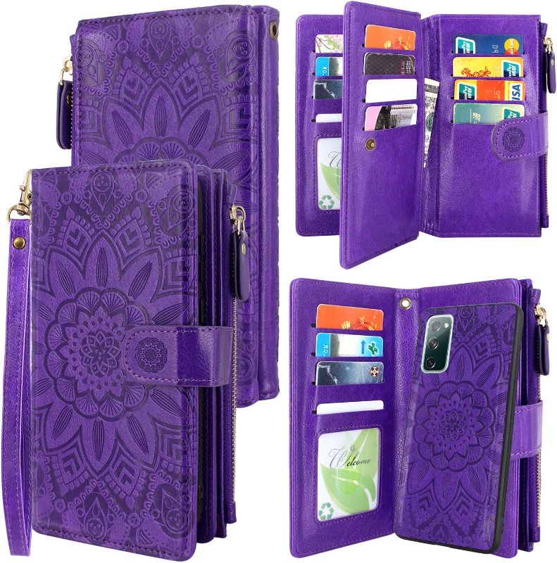 Photo 1 of Harryshell Detachable Magnetic Zipper Wallet Leather Case Cash Pocket with 12 Card Slots Holder Wrist Strap for Samsung Galaxy S20 FE 5G (2020) Floral Flower (Purple)